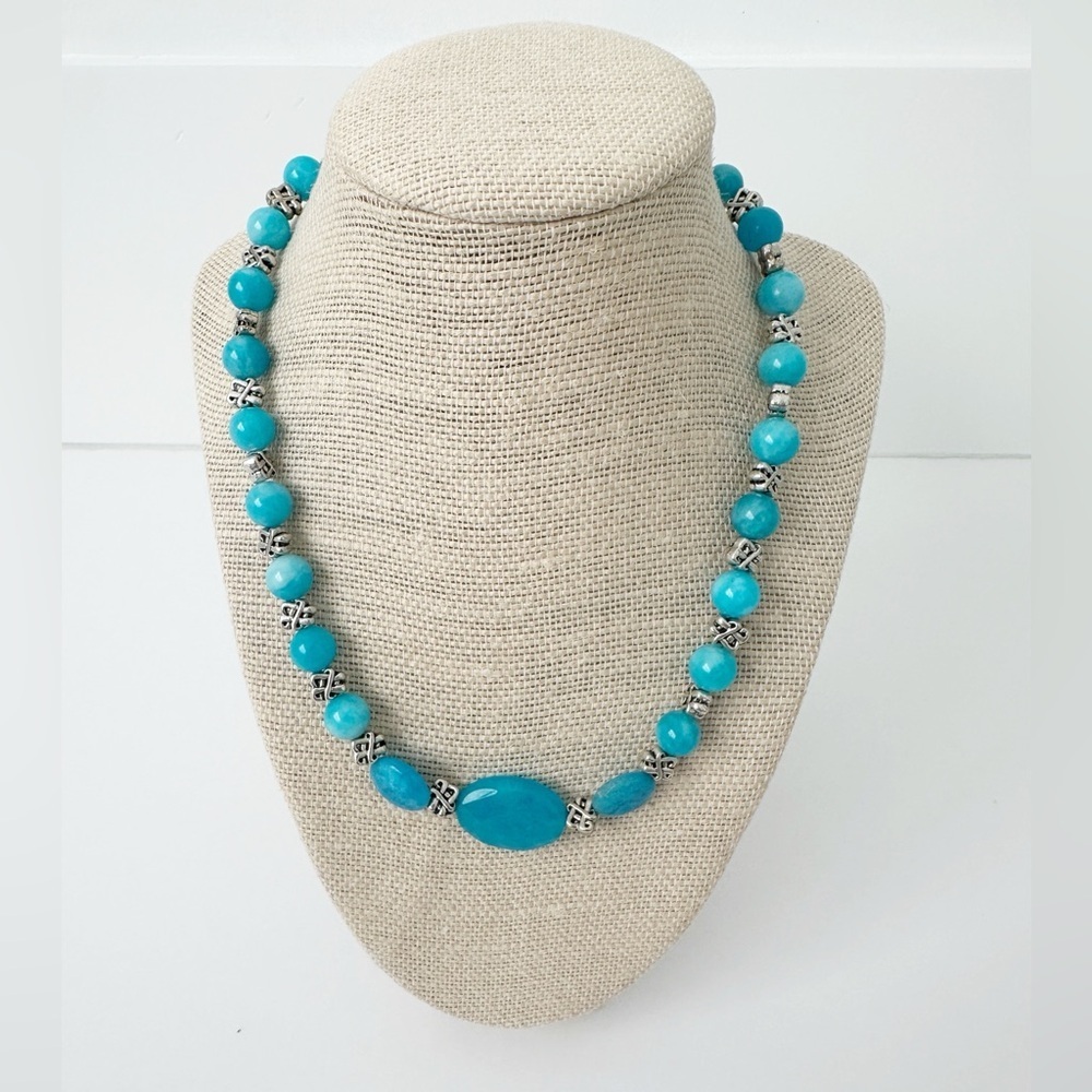 NWT Genuine Blue Quartz & Metallic Beads Necklace Blue Silver Beaded